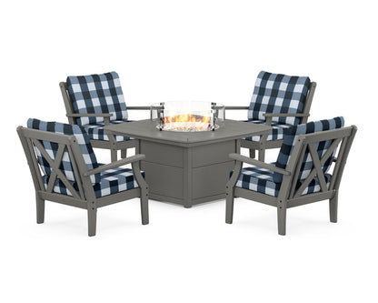 POLYWOOD® Braxton 5-Piece Deep Seating Conversation Set with Fire Pit Table in Slate Grey / Buffalo Plaid Marine Indigo