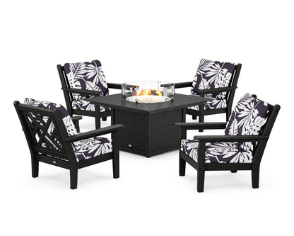 POLYWOOD® Chippendale 5-Piece Deep Seating Set with Fire Pit Table in Black / Leaf Navy