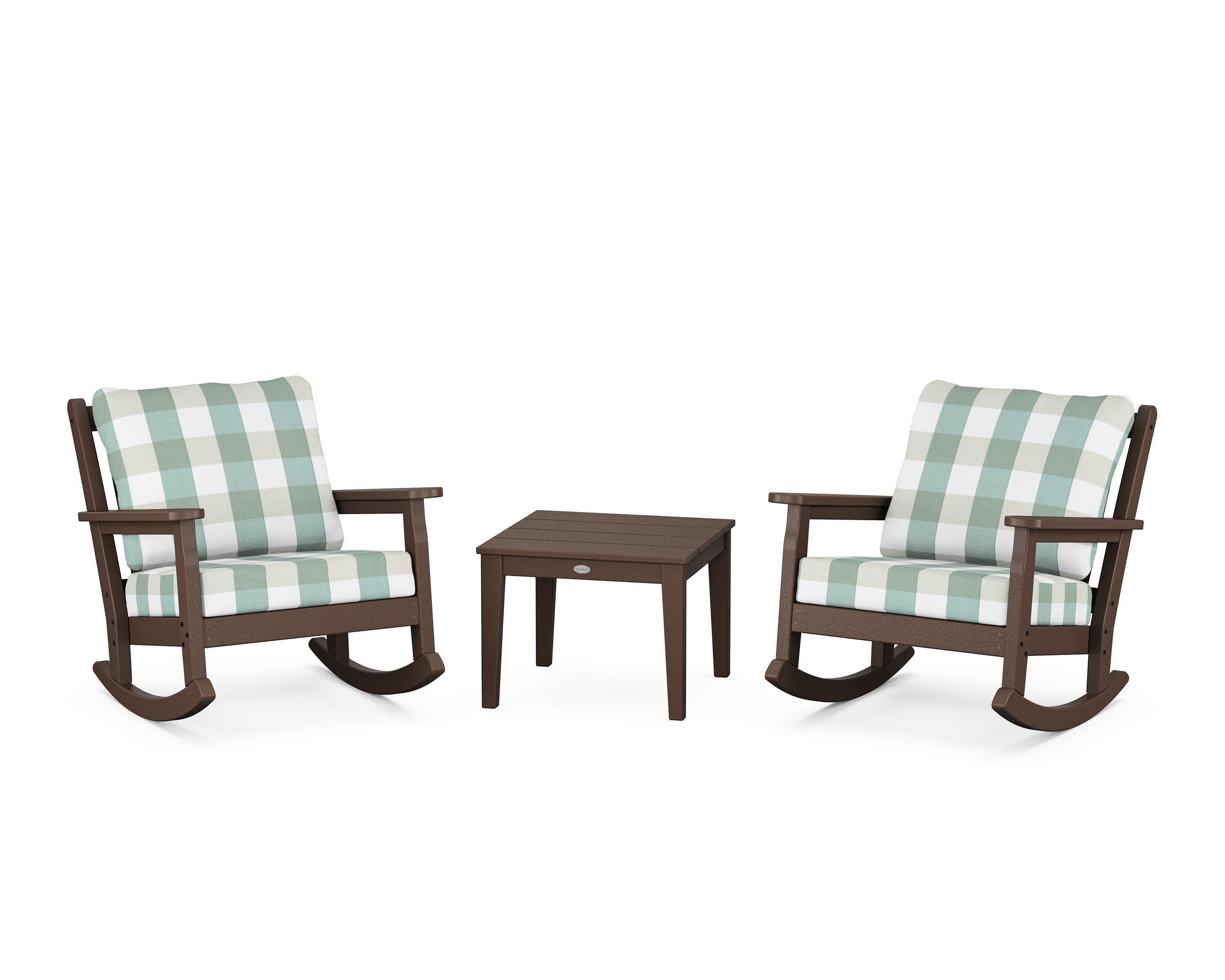 POLYWOOD® Chippendale 3-Piece Deep Seating Rocker Set in Mahogany / Buffalo Plaid Glacier Spa