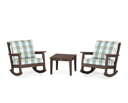 POLYWOOD® Chippendale 3-Piece Deep Seating Rocker Set in Mahogany / Buffalo Plaid Glacier Spa