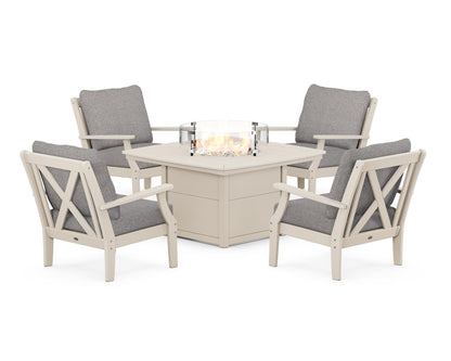POLYWOOD® Braxton 5-Piece Deep Seating Conversation Set with Fire Pit Table in Sand / Grey Mist