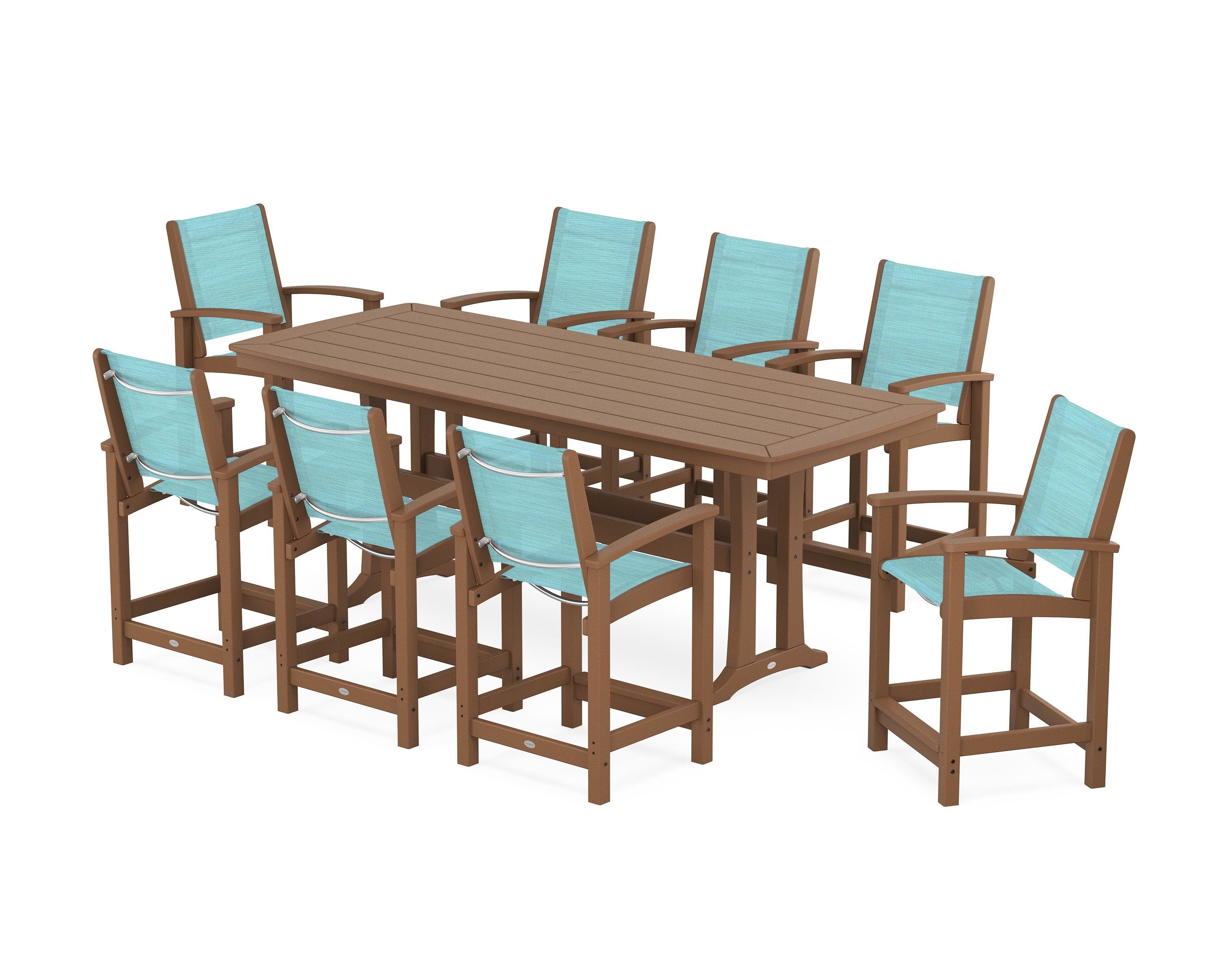 POLYWOOD® Coastal 9-Piece Counter Set with Trestle Legs in Teak / Dupioni Aquamarine Sling