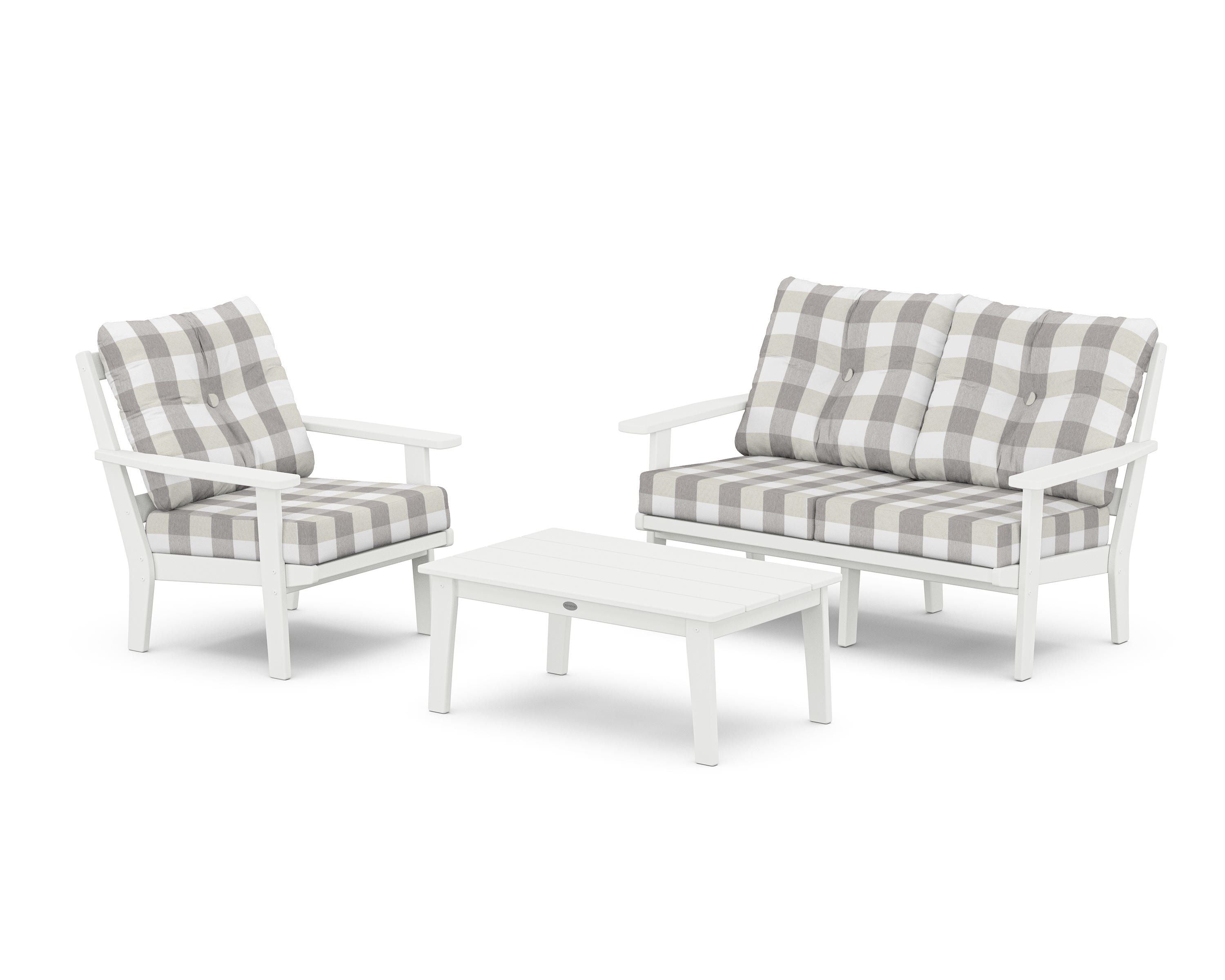 POLYWOOD® Oxford 3-Piece Deep Seating Set with Loveseat in White / Buffalo Plaid Grey Mist