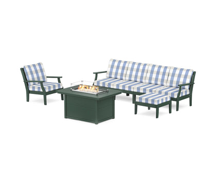 POLYWOOD® Braxton Sectional Lounge and Fire Pit Set in Green / Buffalo Plaid Sky Blue