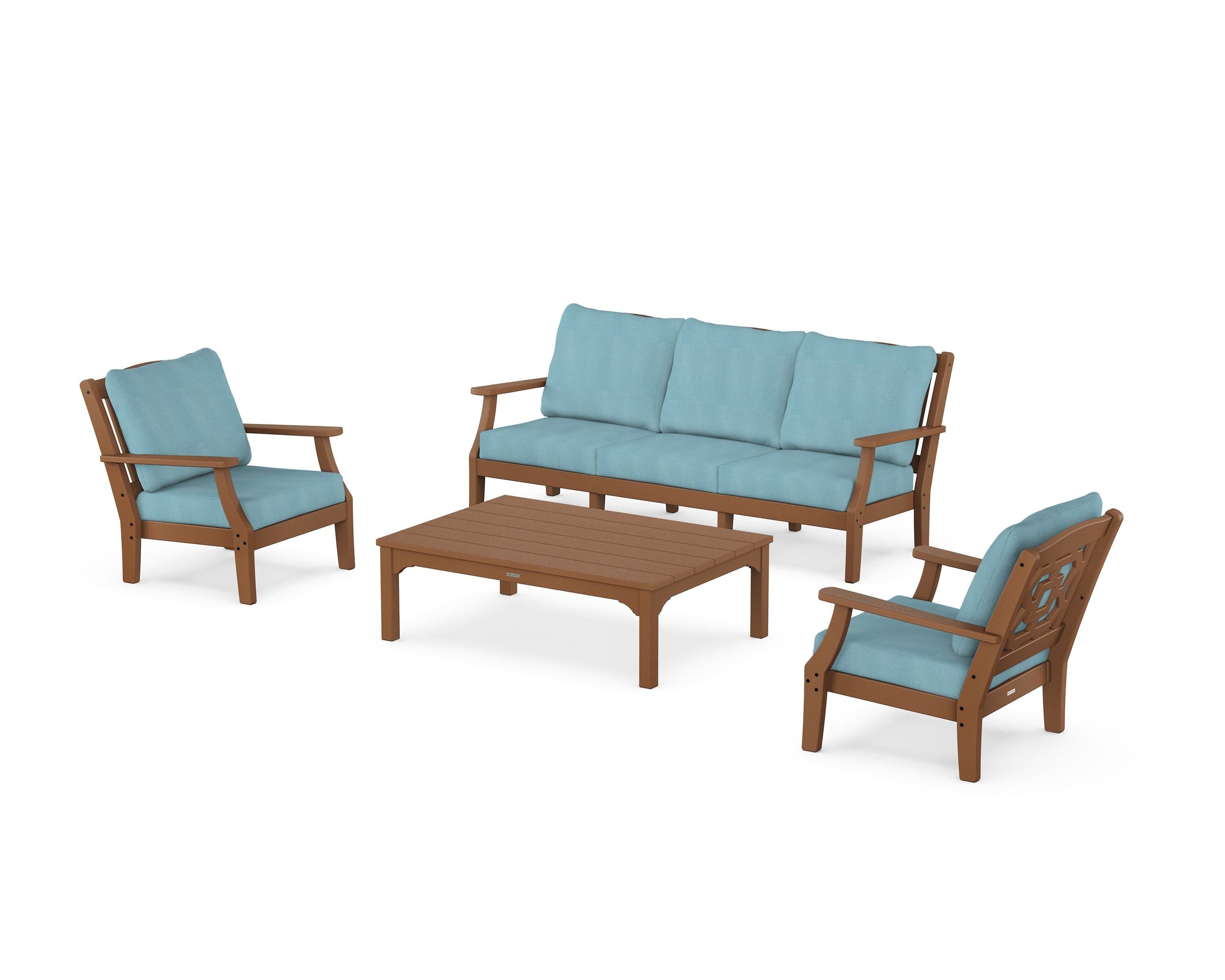 Martha Stewart by POLYWOOD® Chinoiserie 4-Piece Deep Seating Set with Sofa in Teak / Lattice Sky Blue