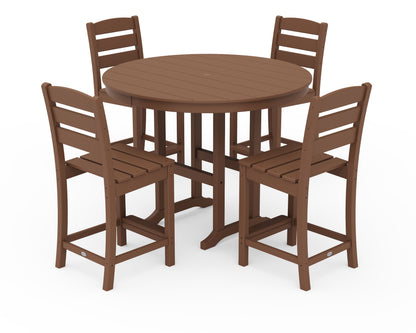 POLYWOOD® Lakeside 5-Piece Farmhouse Round Side Chair Counter  Set in Teak