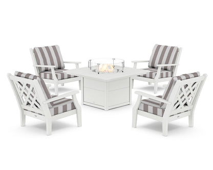 Country Living Wovendale 5-Piece Deep Seating Set with Fire Pit Table in White / Cabana Stripe Grey Mist