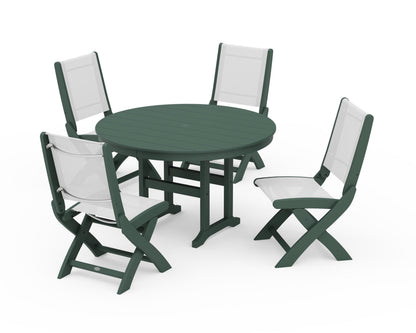 POLYWOOD® Coastal Folding Side Chair 5-Piece Round Dining Set in Green / White Sling