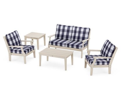 POLYWOOD® Braxton 5-Piece Deep Seating Set in Sand / Buffalo Plaid Navy