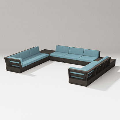 PW Designer Series Elevate 11-Piece U-Shaped Sofa Sectional in Vintage Coffee / Lattice Sky Blue