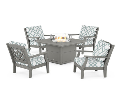 Martha Stewart by POLYWOOD® Chinoiserie 5-Piece Deep Seating Set with Fire Pit Table in Slate Grey / Trellis Glacier Spa