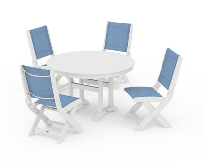 POLYWOOD® Coastal Folding Side Chair 5-Piece Round Dining Set With Trestle Legs in White / Poolside Sling