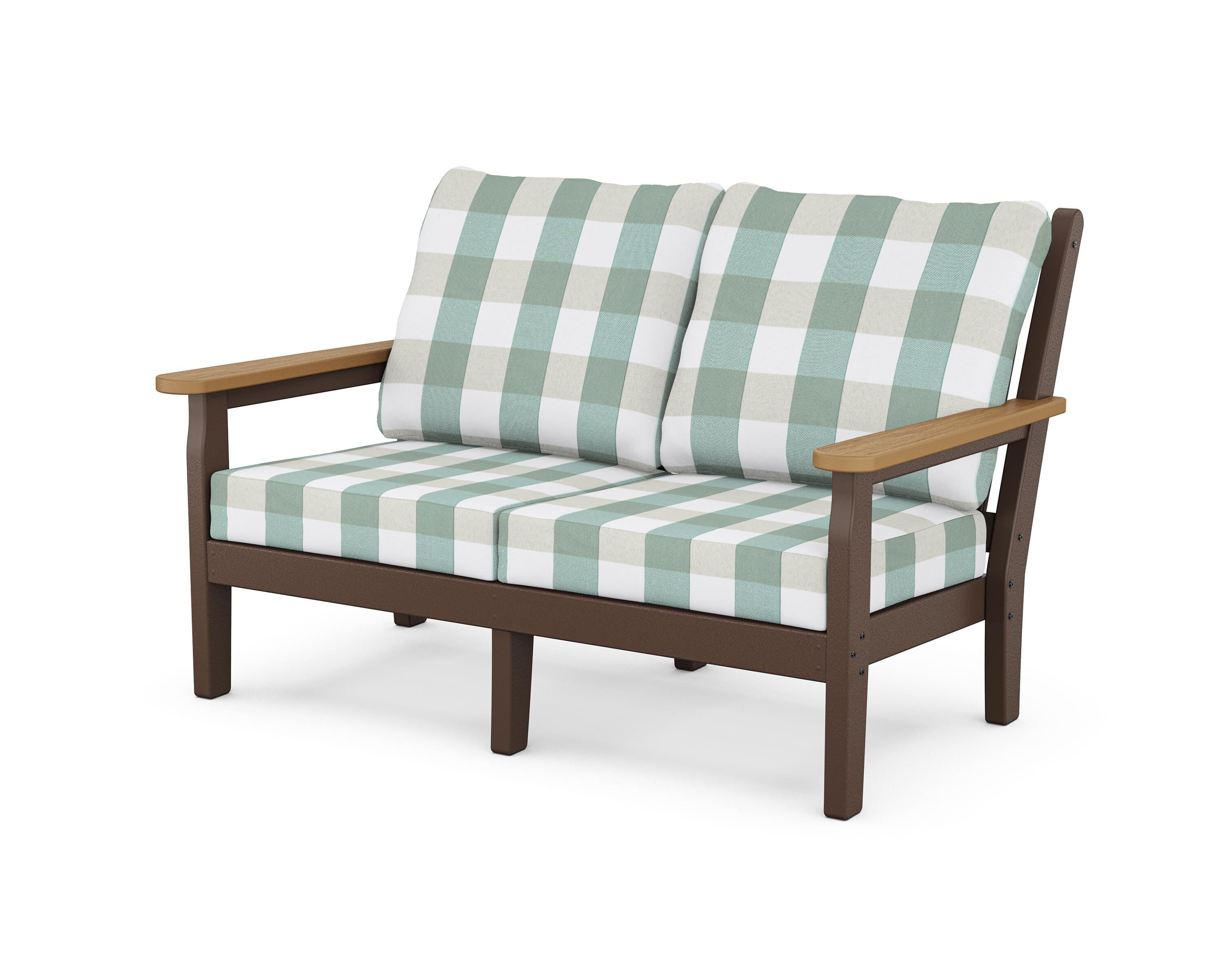 POLYWOOD® Chippendale Deep Seating Loveseat in Mahogany / Natural / Buffalo Plaid Glacier Spa