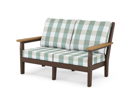 POLYWOOD® Chippendale Deep Seating Loveseat in Mahogany / Natural / Buffalo Plaid Glacier Spa