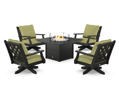 Country Living Wovendale 5-Piece Deep Seating Swivel Conversation Set with Fire Pit Table in Black / Chartreuse Boucle