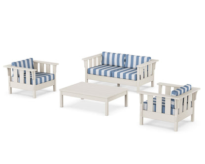 Martha Stewart by POLYWOOD® Acadia 4-Piece Deep Seating Set with Loveseat in Sand / Cabana Stripe Sky Blue
