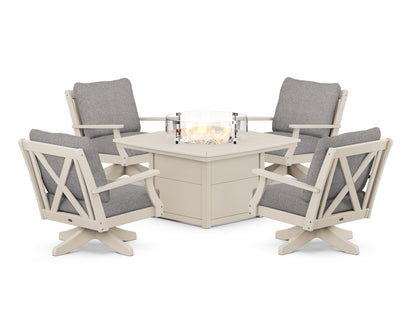 POLYWOOD® Braxton 5-Piece Deep Seating Swivel Conversation Set with Fire Pit Table in Sand / Grey Mist