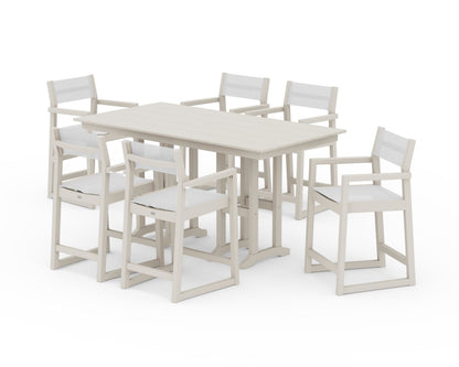 POLYWOOD® EDGE Sling Arm Chair 7-Piece Farmhouse Counter Set in Sand / White Sling