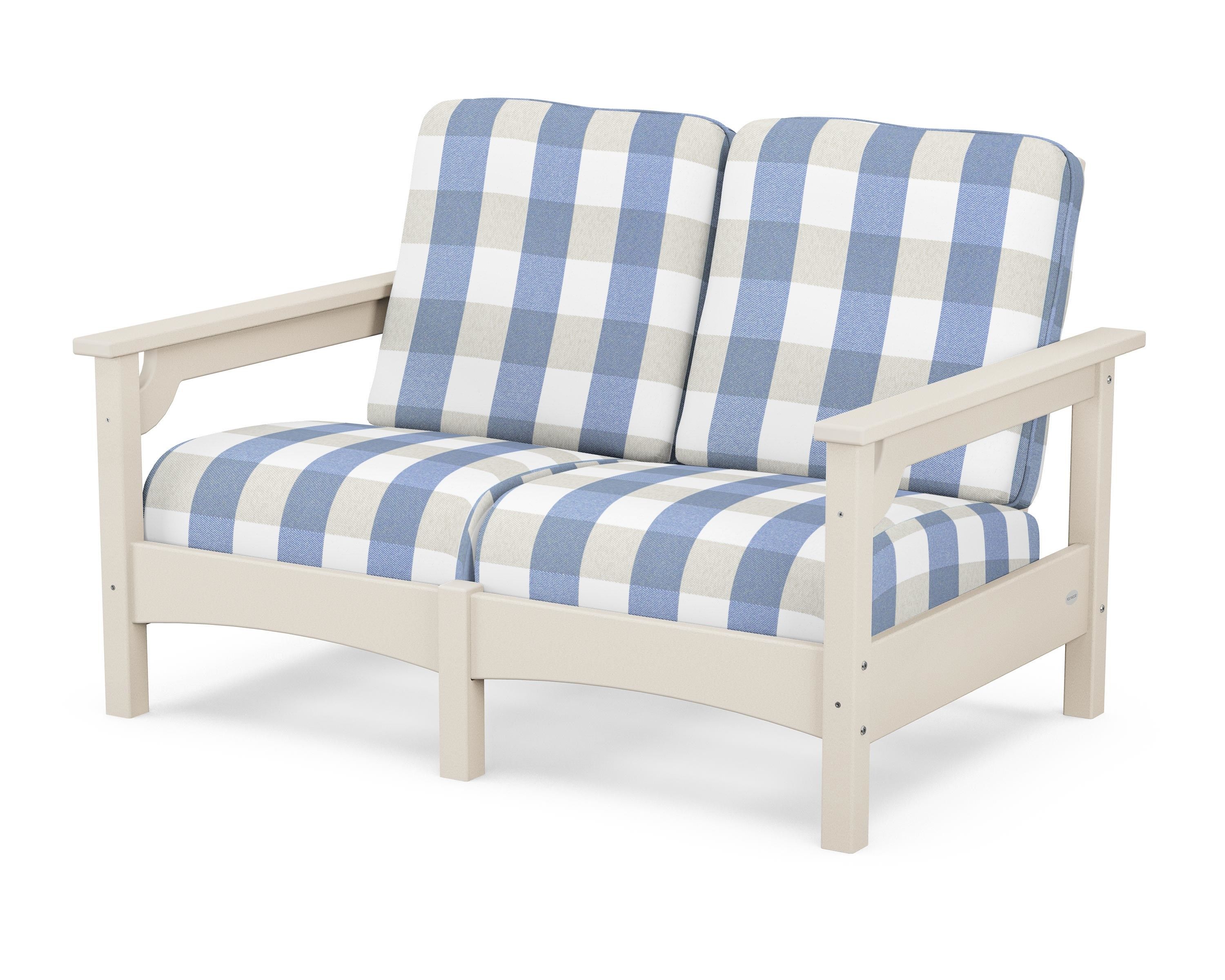 POLYWOOD® Club Loveseat in Sand / Buffalo Plaid Sky Blue