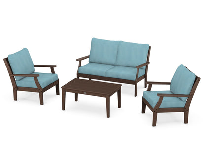 POLYWOOD® Braxton 4-Piece Deep Seating Chair Set in Mahogany / Lattice Sky Blue