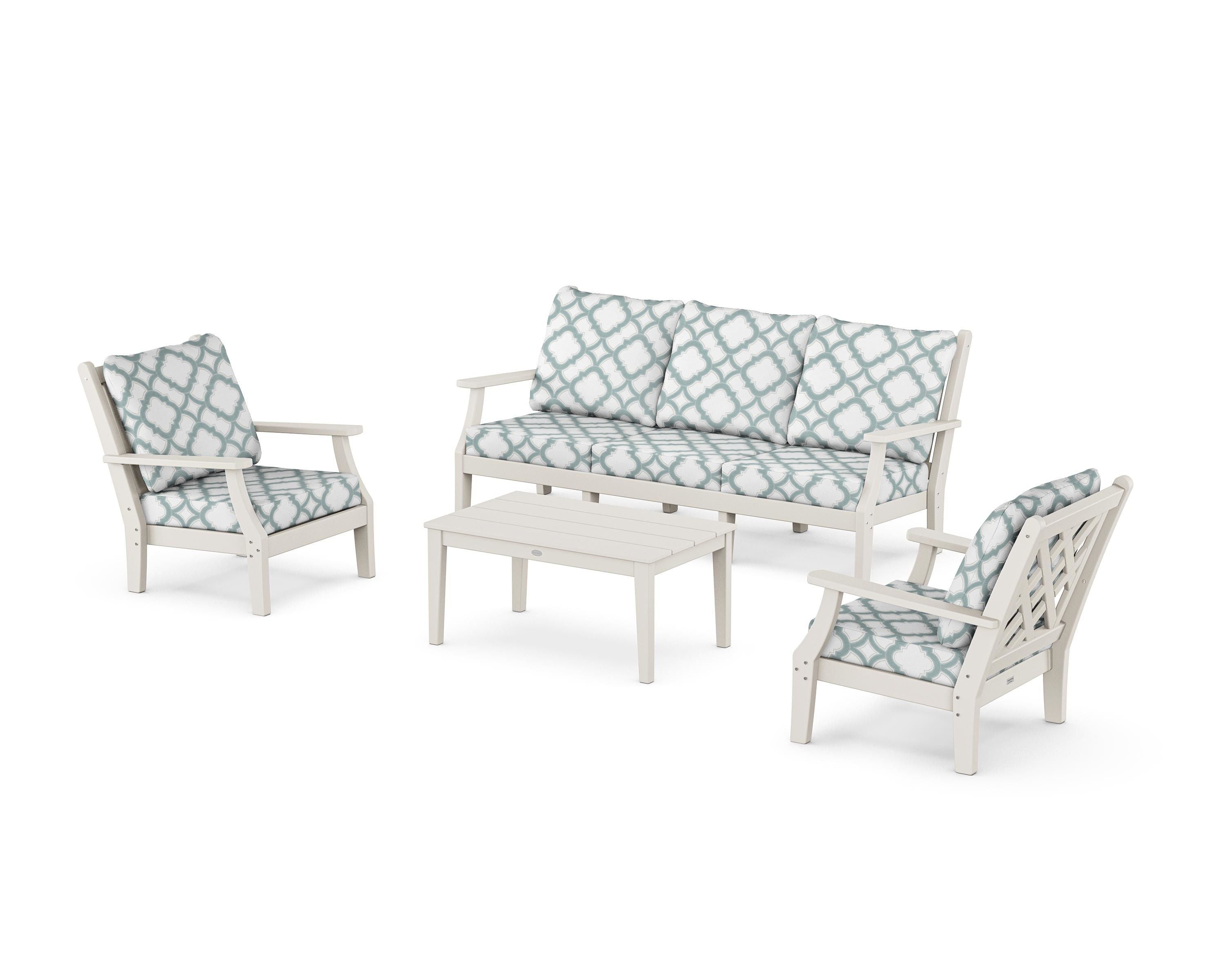 Country Living Wovendale 4-Piece Deep Seating Set with Sofa in Sand / Trellis Glacier Spa