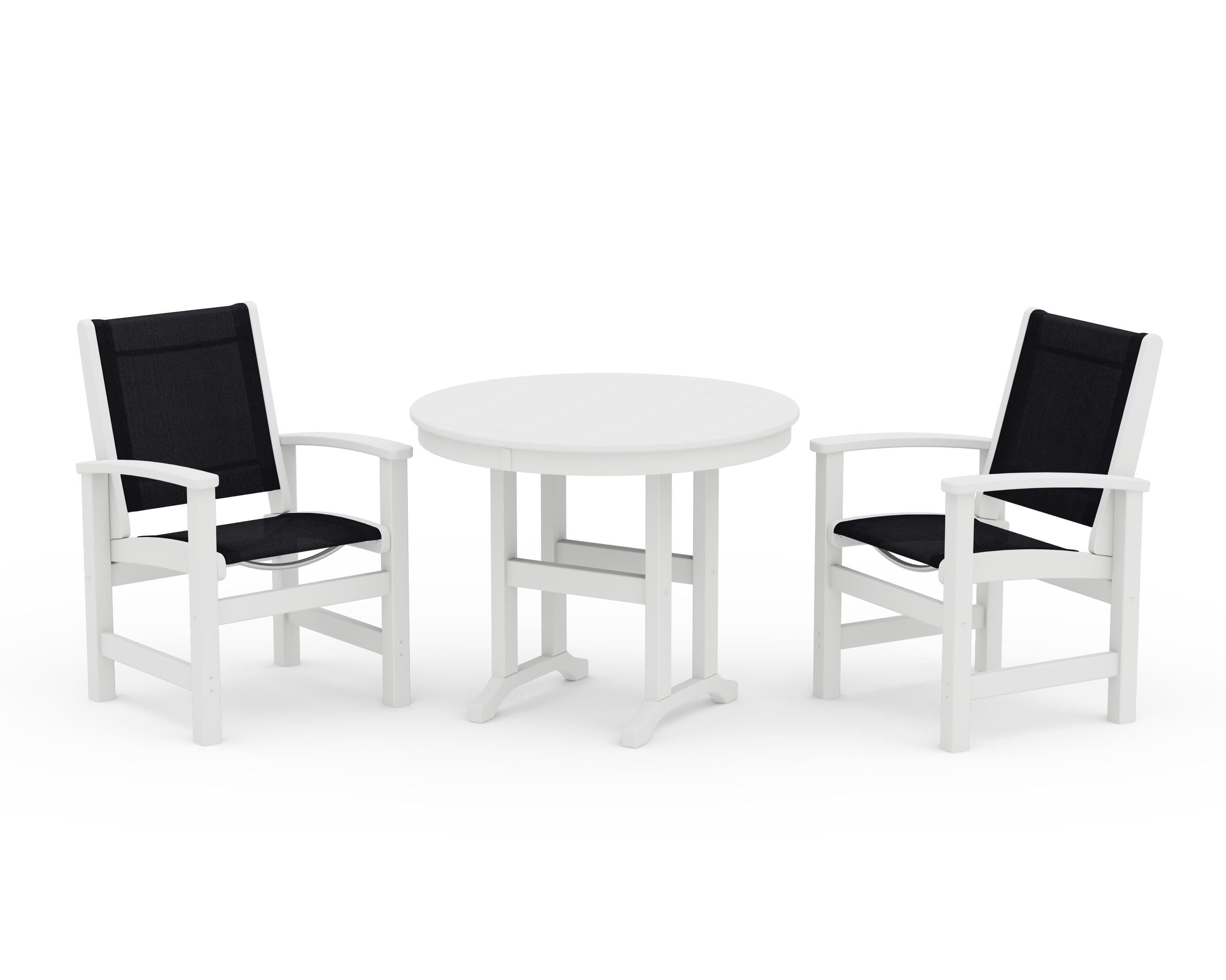 POLYWOOD® Coastal 3-Piece Round Dining Set in White / Black Sling