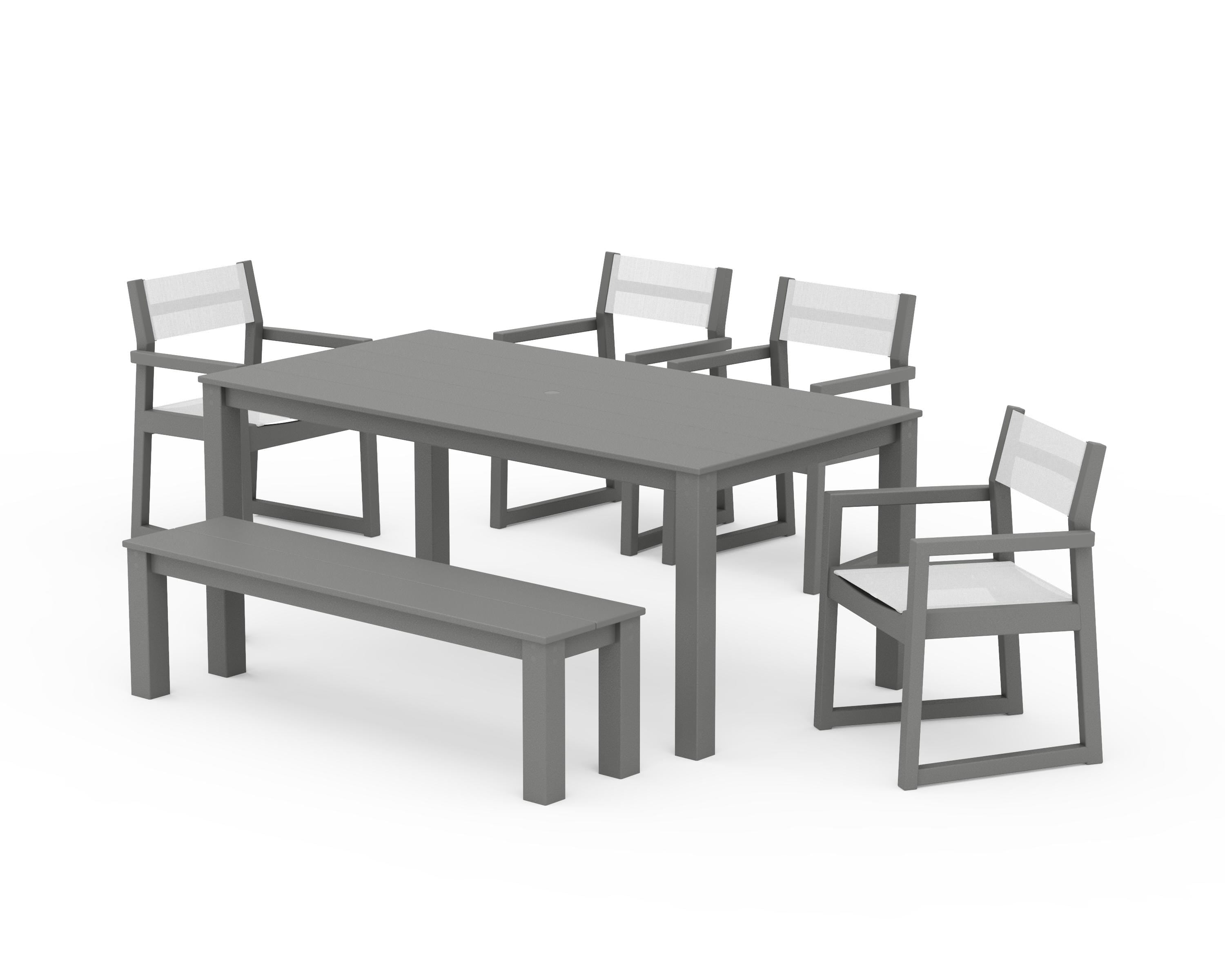 POLYWOOD® EDGE Sling Arm Chair 6-Piece Parsons Dining Set with Bench in Slate Grey / White Sling