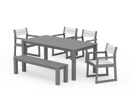 POLYWOOD® EDGE Sling Arm Chair 6-Piece Parsons Dining Set with Bench in Slate Grey / White Sling
