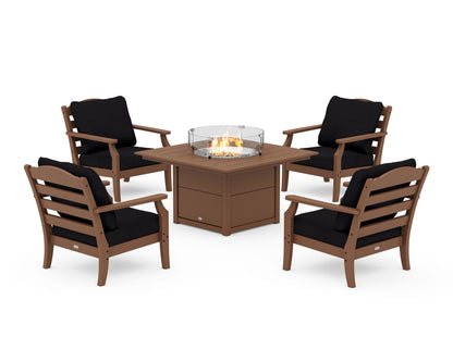 Draper James™ by  POLYWOOD® Savannah 5-Piece Deep Seating Set with Fire Pit Table in Teak / Midnight Linen