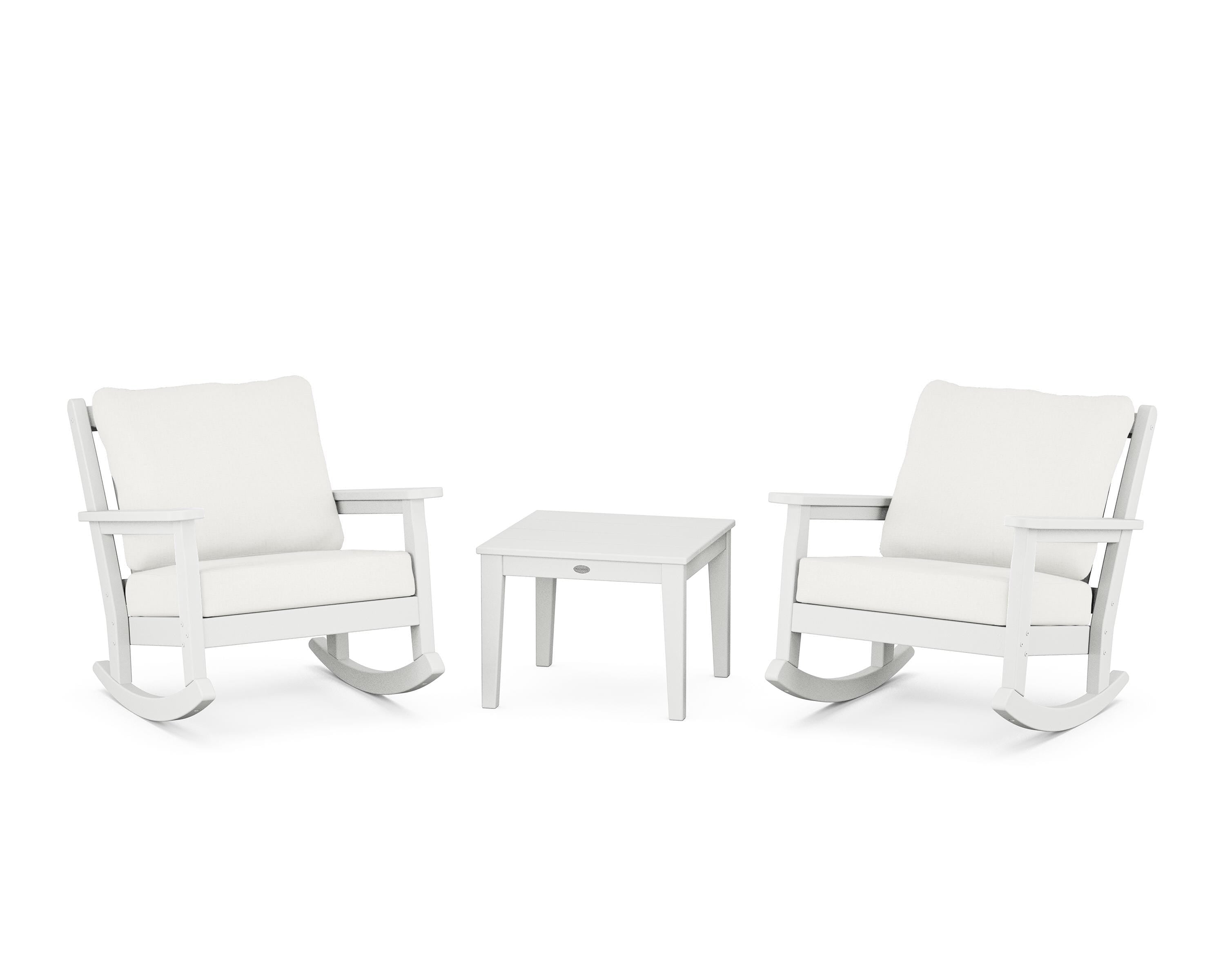 POLYWOOD® Chippendale 3-Piece Deep Seating Rocker Set in White / Natural Linen