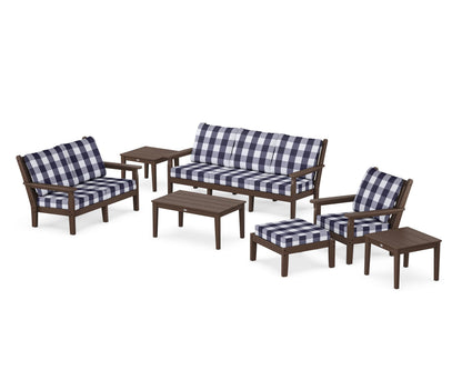 POLYWOOD® Chippendale 7-Piece Deep Seating Set in Mahogany / Buffalo Plaid Navy