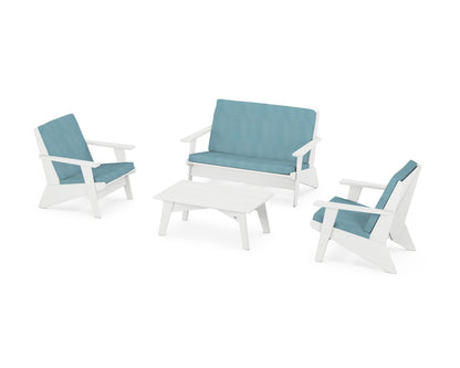 POLYWOOD® Riviera Modern Lounge 4-Piece Set in White / Lattice Sky Blue