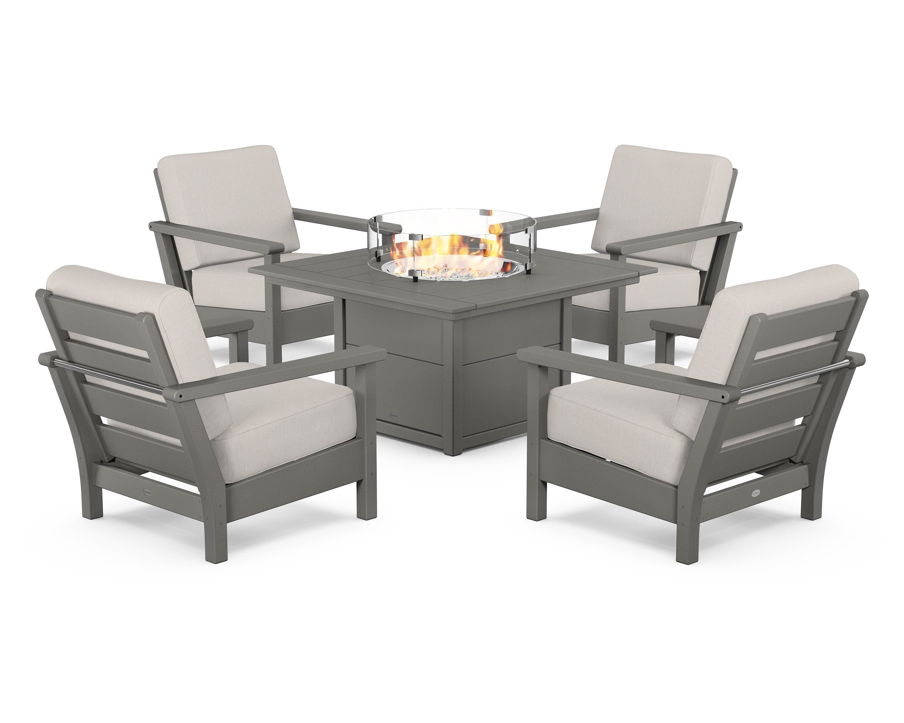 POLYWOOD® Harbour 5-Piece Conversation Set with Fire Pit Table in Slate Grey / Cast Ash