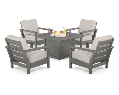 POLYWOOD® Harbour 5-Piece Conversation Set with Fire Pit Table in Slate Grey / Cast Ash