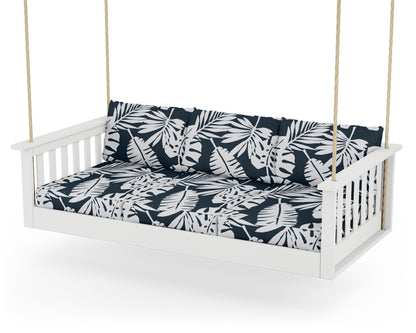 POLYWOOD® Vineyard Daybed Swing in White / Leaf Marine Indigo