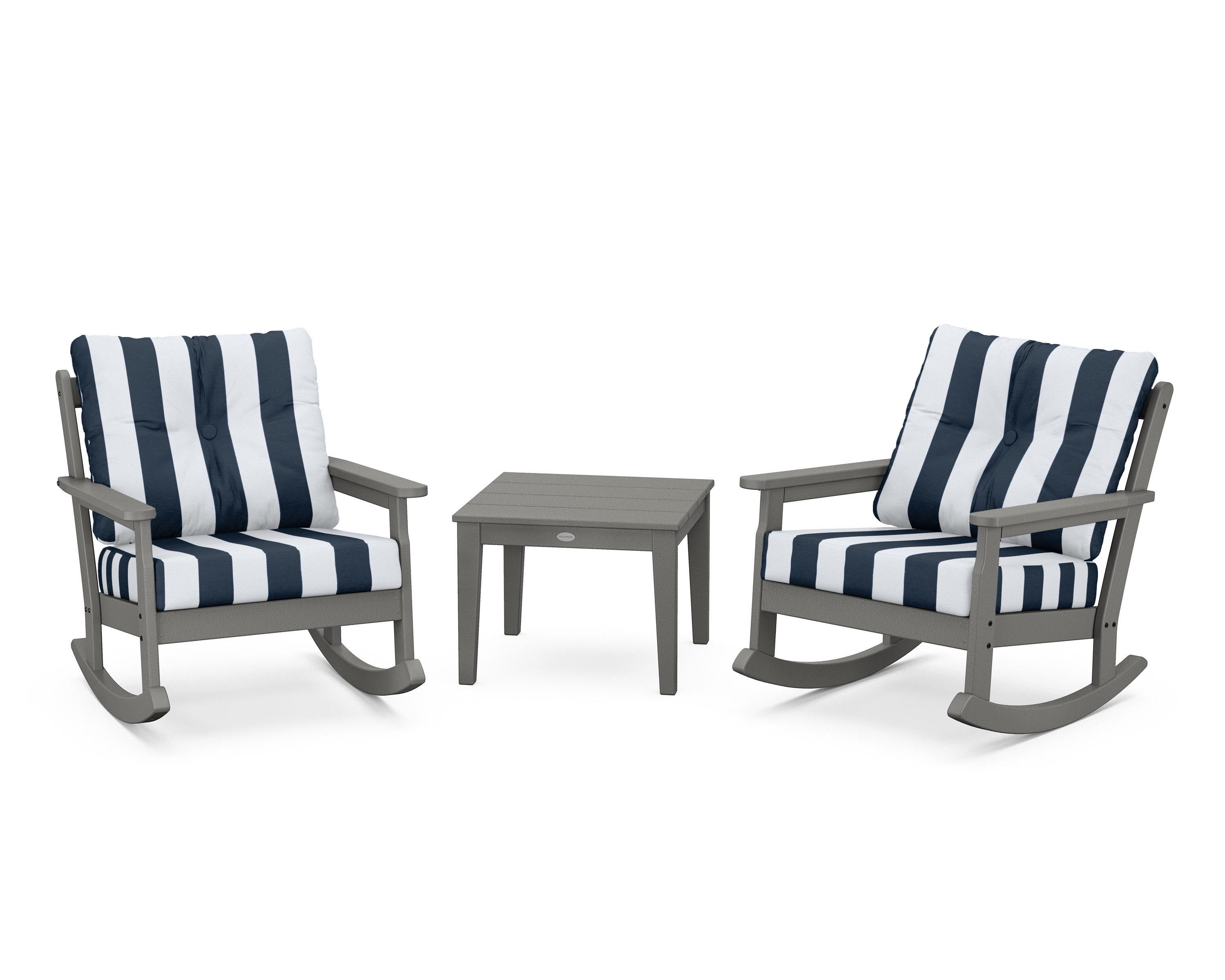 POLYWOOD® Vineyard 3-Piece Deep Seating Rocker Set in Slate Grey / Cabana Stripe Marine Indigo