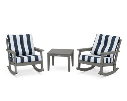 POLYWOOD® Vineyard 3-Piece Deep Seating Rocker Set in Slate Grey / Cabana Stripe Marine Indigo