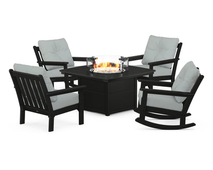 POLYWOOD® Vineyard 5-Piece Deep Seating Rocking Chair Conversation Set with Fire Pit Table in Black / Spa
