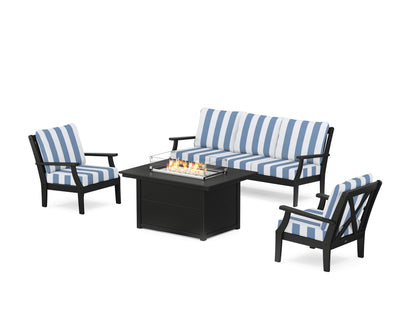 POLYWOOD® Braxton Deep Seating Fire Pit Table Set in Black / Cabana Stripe Sky Blue
