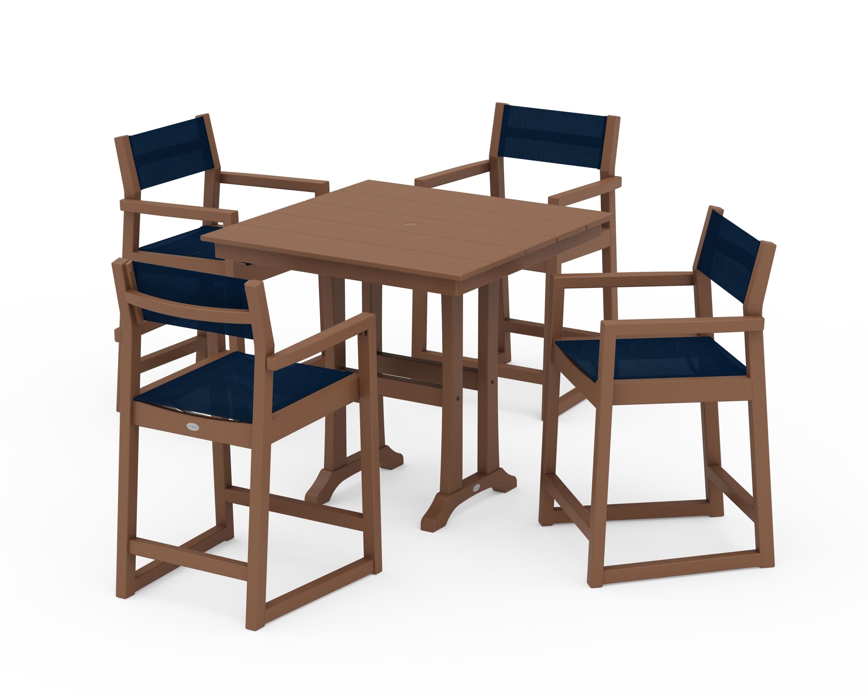 POLYWOOD® EDGE Sling Arm Chair 5-Piece Farmhouse Counter Set with Trestle Legs in Teak / Navy Blue Sling