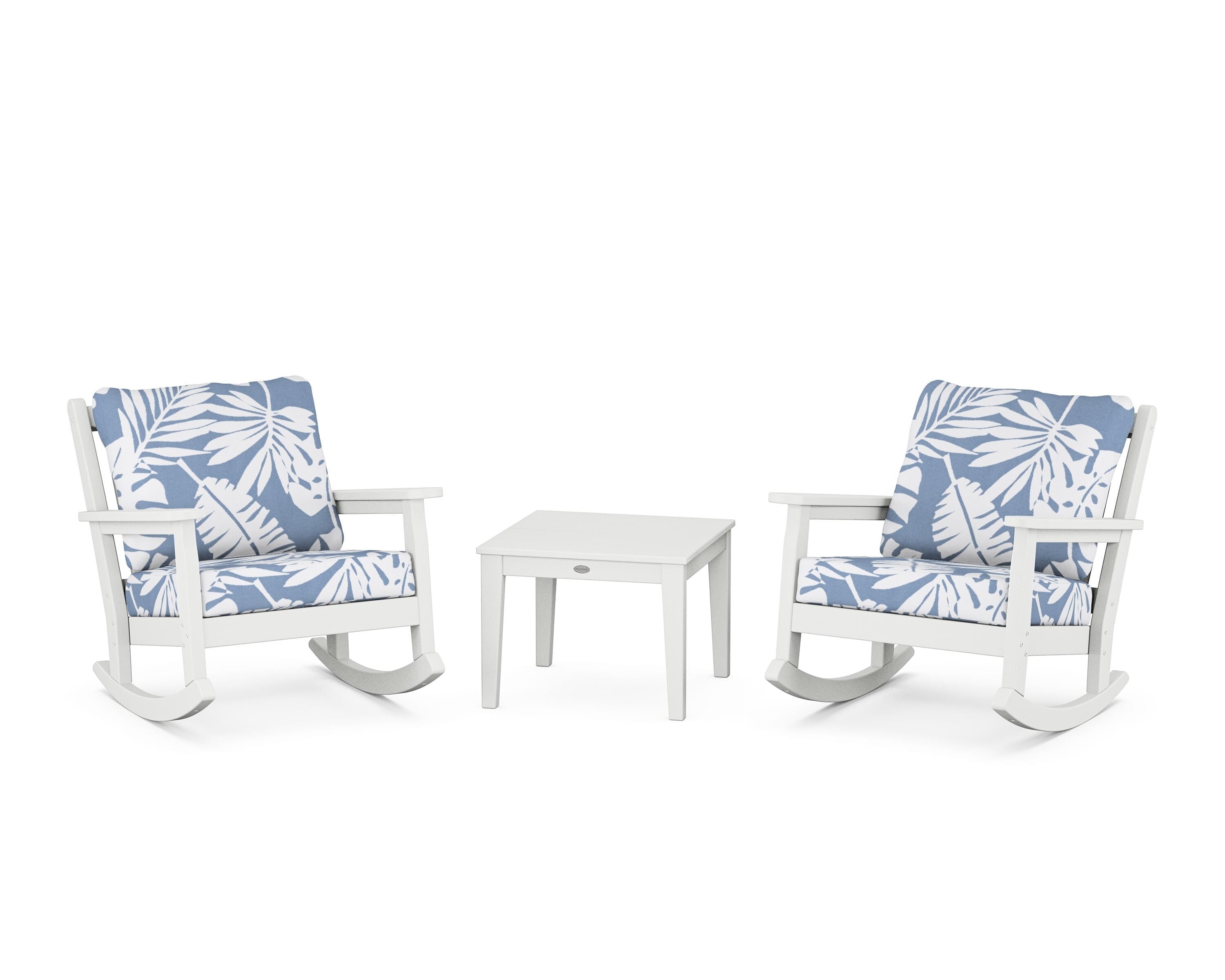 POLYWOOD® Chippendale 3-Piece Deep Seating Rocker Set in White / Leaf Sky Blue