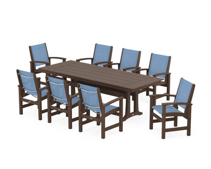 POLYWOOD® Coastal 9-Piece Farmhouse Dining Set with Trestle Legs in Mahogany / Poolside Sling