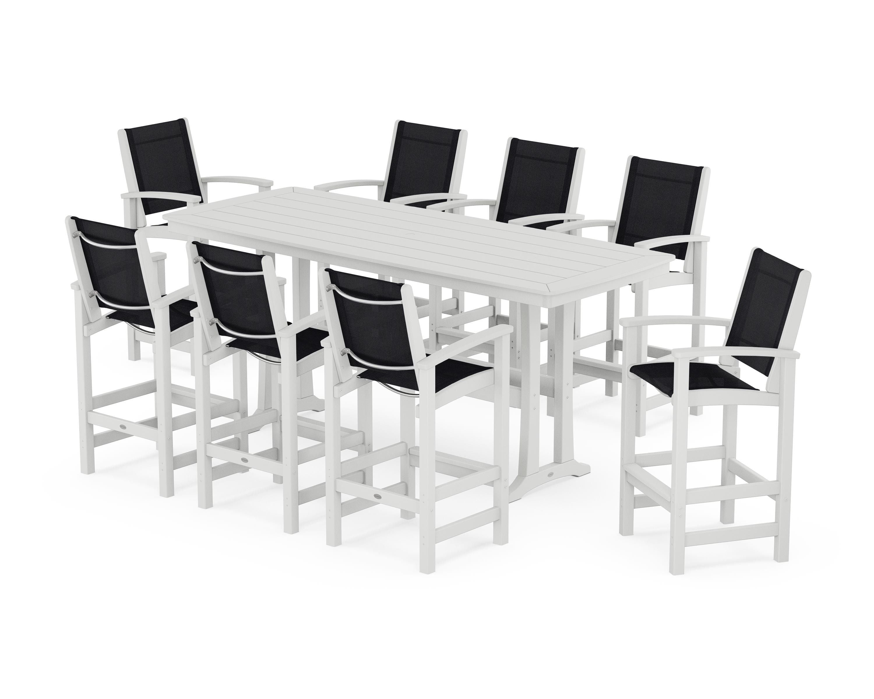 POLYWOOD® Coastal 9-Piece Bar Set with Trestle Legs in White / Black Sling
