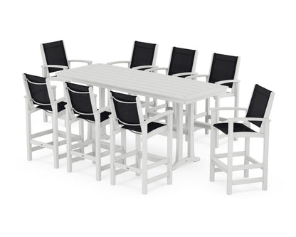 POLYWOOD® Coastal 9-Piece Bar Set with Trestle Legs in White / Black Sling