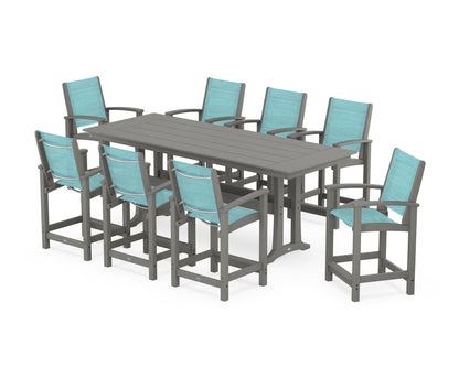 POLYWOOD® Coastal 9-Piece Farmhouse Counter Set with Trestle Legs in Slate Grey / Dupioni Aquamarine Sling