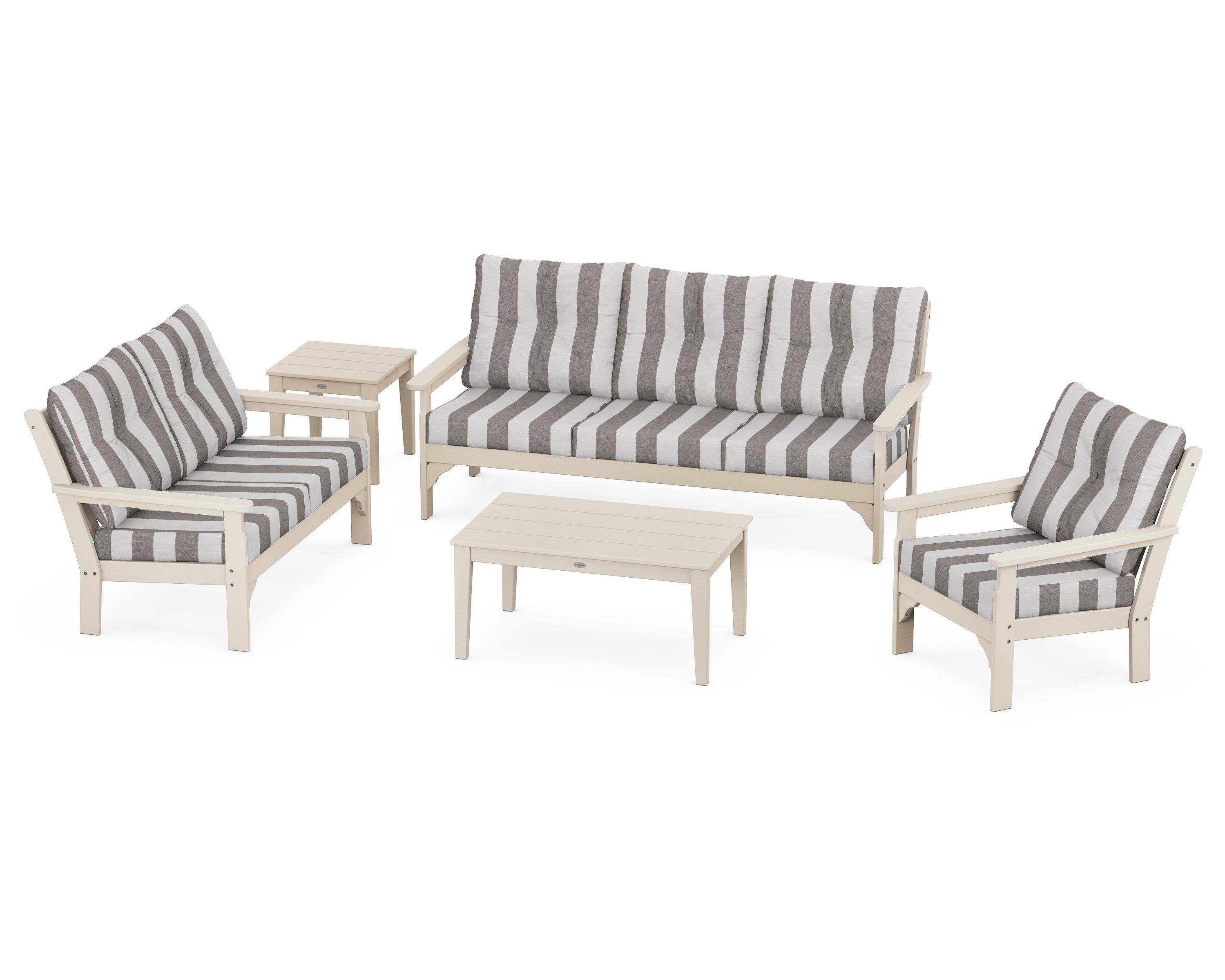 POLYWOOD® Vineyard 5 Piece Deep Seating Set in Sand / Cabana Stripe Grey Mist