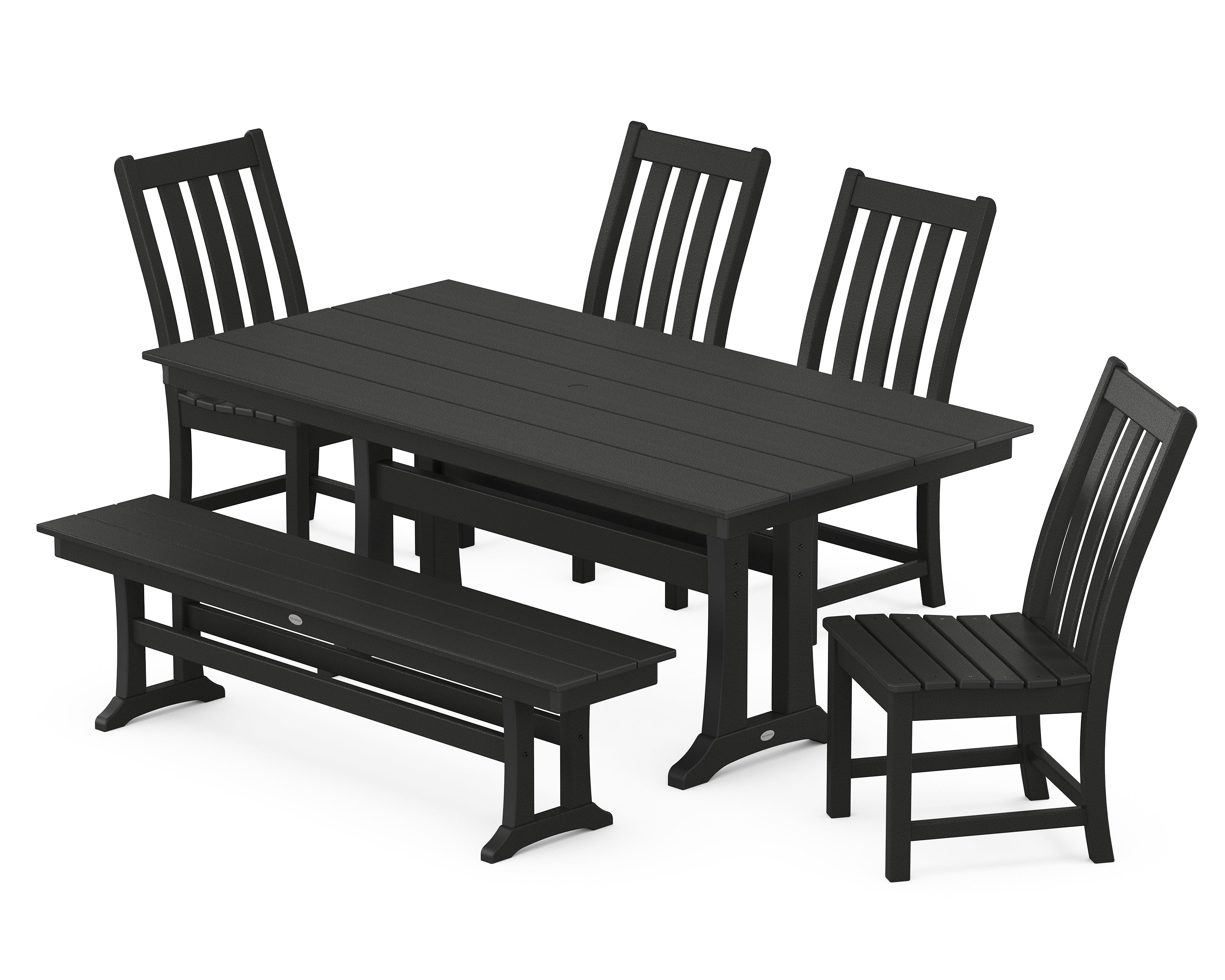 POLYWOOD® Vineyard Side Chair 6-Piece Farmhouse Dining Set with Trestle Legs and Bench in Black