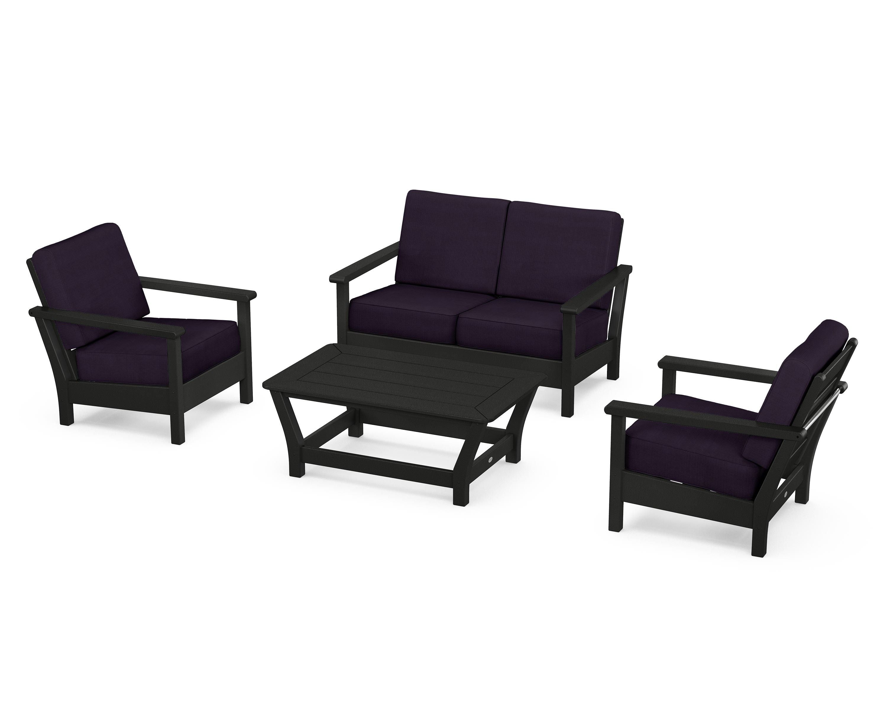 POLYWOOD® Harbour 4-Piece Deep Seating Set in Black / Navy Linen