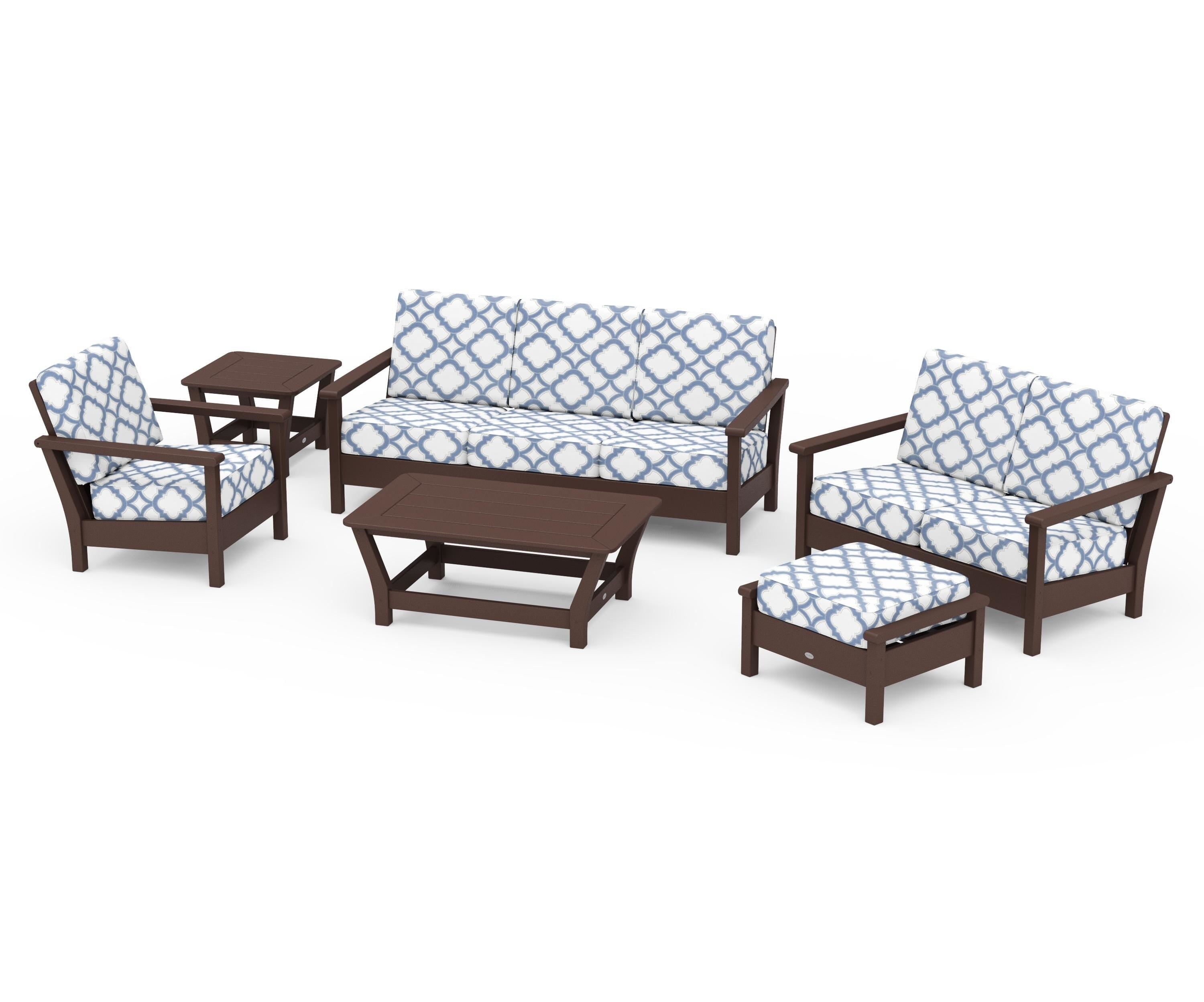 POLYWOOD® Harbour 6-Piece Outdoor Living Set in Mahogany / Trellis Sky Blue