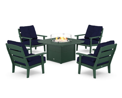 POLYWOOD® Lakeside 5-Piece Deep Seating Set with Nautical Fire Pit Table in Green / Navy